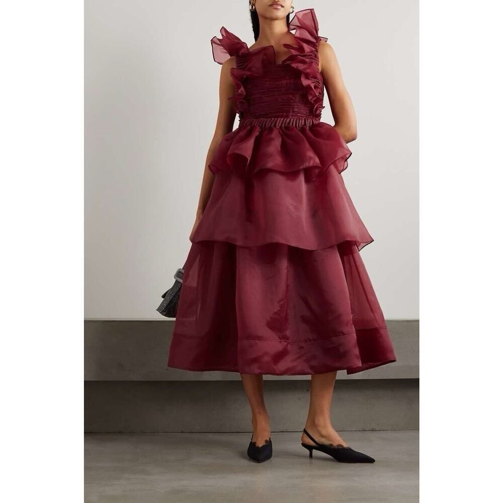 Aje Asra Pleated Frill Tiered Organza Midi Dress Burgundy AU 10 / US 6